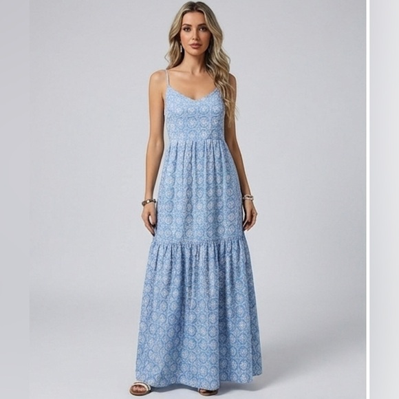Blue & White Boho Eyelet Embroidered Tiered Maxi Dress - Picture 6 of 10